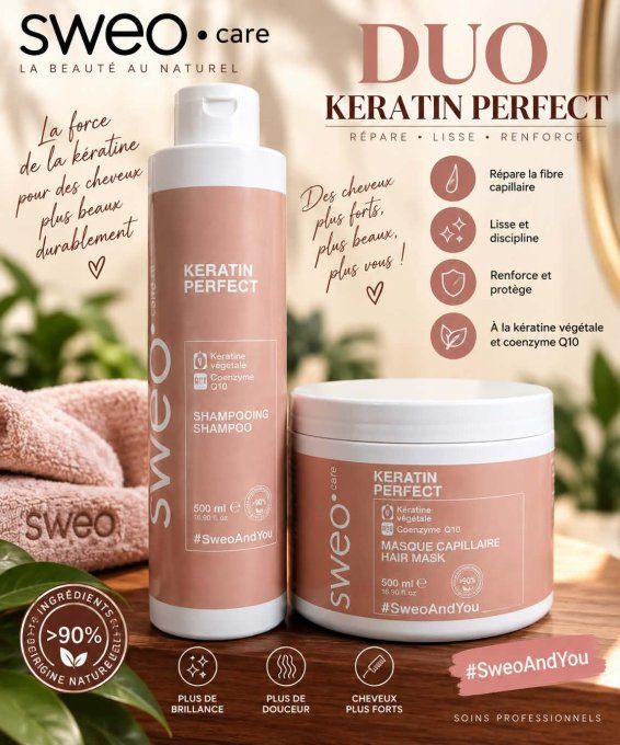 Duo Kératine Sweo - Shampoing + masque 500ml - Soin Réparateur 